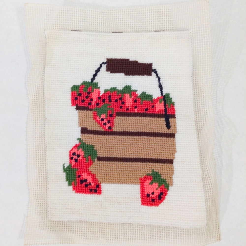 Vintage Finished Needlepoint Art Strawberry Basket Fruit Handmade Wall Decor